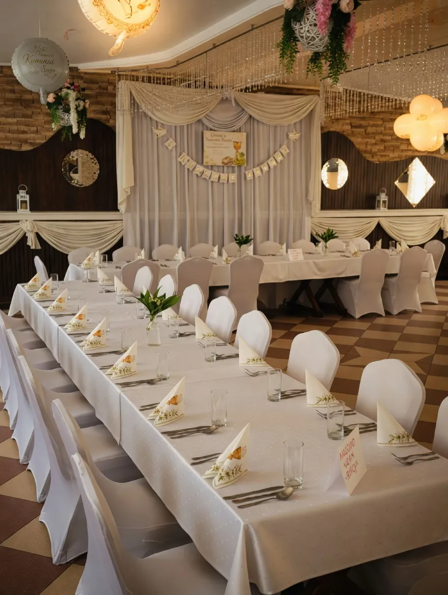 Sala udekorowana - białe draperie, banery, długi stół